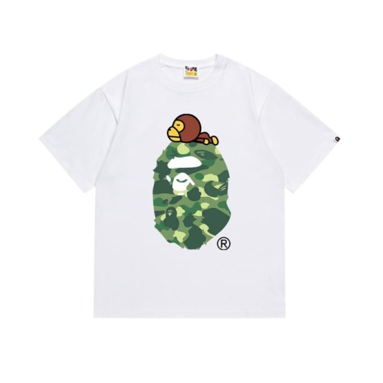 White BAPE T-Shirt with Green Camo Ape Head and Baby Milo Print
